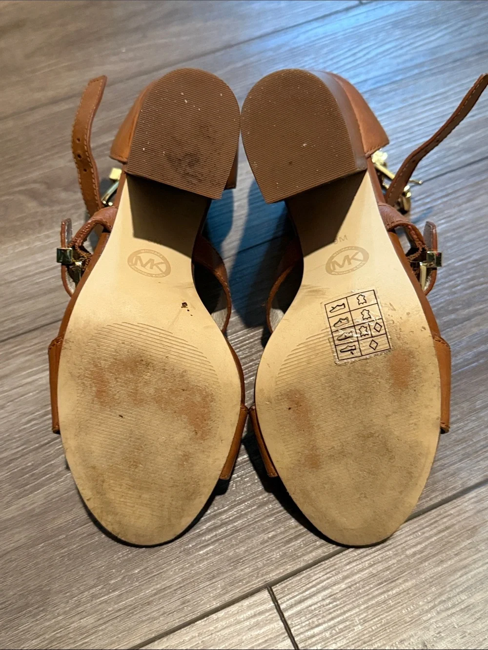 Michael Kors Tan Leather Ankle-Strap Heels with Gold Buckles